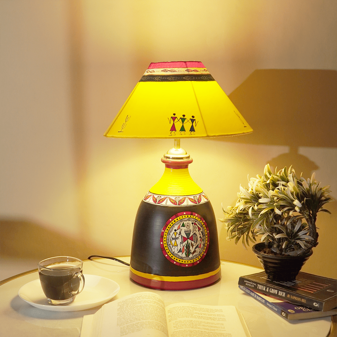 Sunbeam Tribe Table Lamp – Handpainted Ethnic Decor Light - Memories InsiteSUNBEAM TRIBE LAMP - ( YELLOW & BLACK )